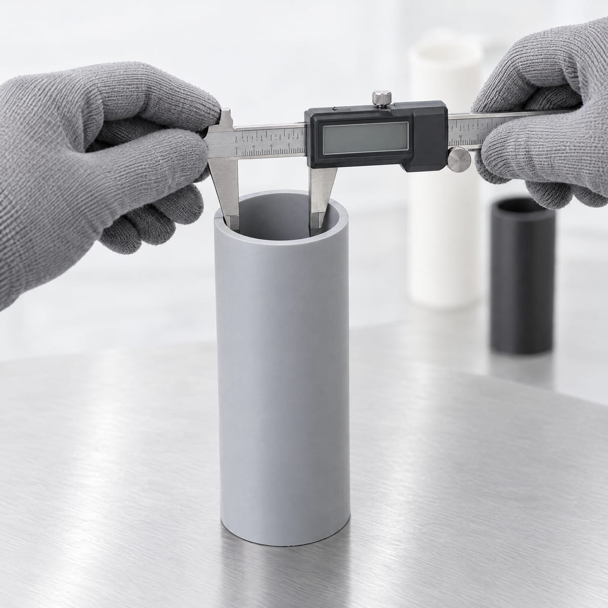Measuring the inside diameter of a plastic core with a caliper during sampling